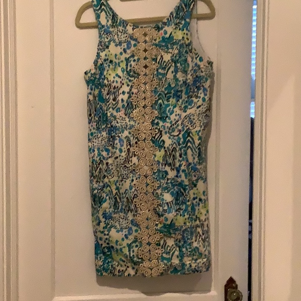 Lilly Pulitzer pink label zebra cheetah leopard print shift dress gold trim